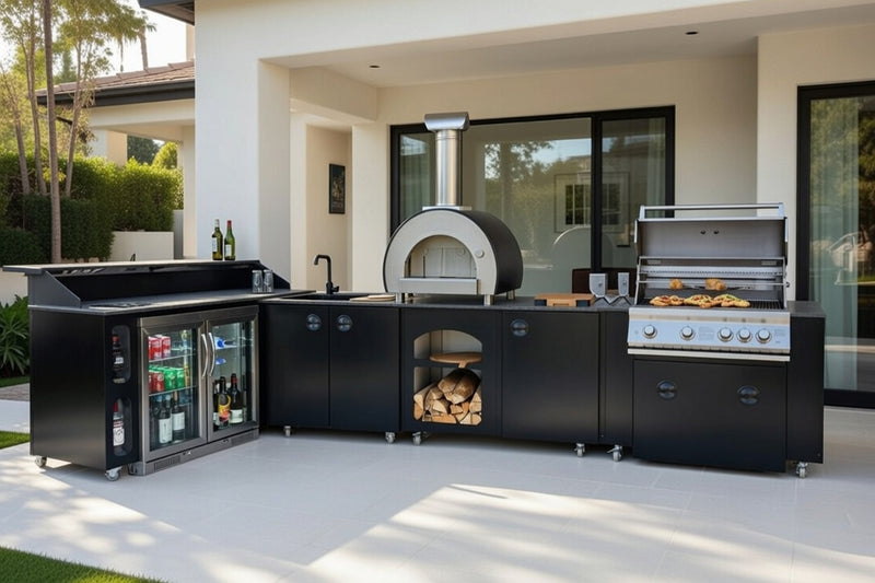 Outdoor kitchen L Shape Whistler Burford 4 BBQ  Piccolo Pizza Oven Double Door fridge and Side Bar