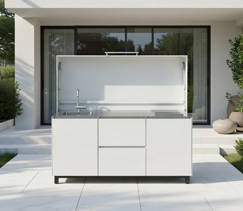 Hoppilif Outdoor Kitchen | Full lid 2 Burner Hod & Folding Tap and Sink – Brillante White (1.8m)