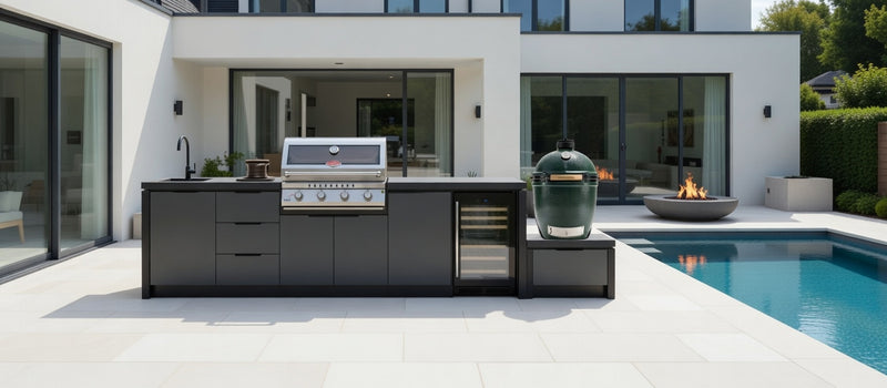 Cabinex Premium Outdoor Kitchen Beefeater 7000 Classic 4 Burner, Fridge and Sink + Green Egg and Base | 4.1Meters