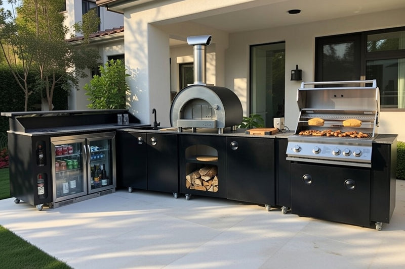 Outdoor kitchen L Shape Whistler Burford 4 BBQ  Piccolo Pizza Oven Double Door fridge and Side Bar