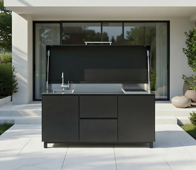 Hoppilif Outdoor Kitchen | Full lid 2 Burner Hod & Folding Tap and Sink  – Black (1.8m)