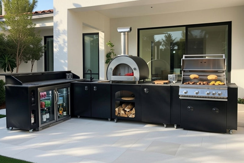 Outdoor kitchen L Shape Whistler Burford 4 BBQ  Piccolo Pizza Oven Double Door fridge and Side Bar