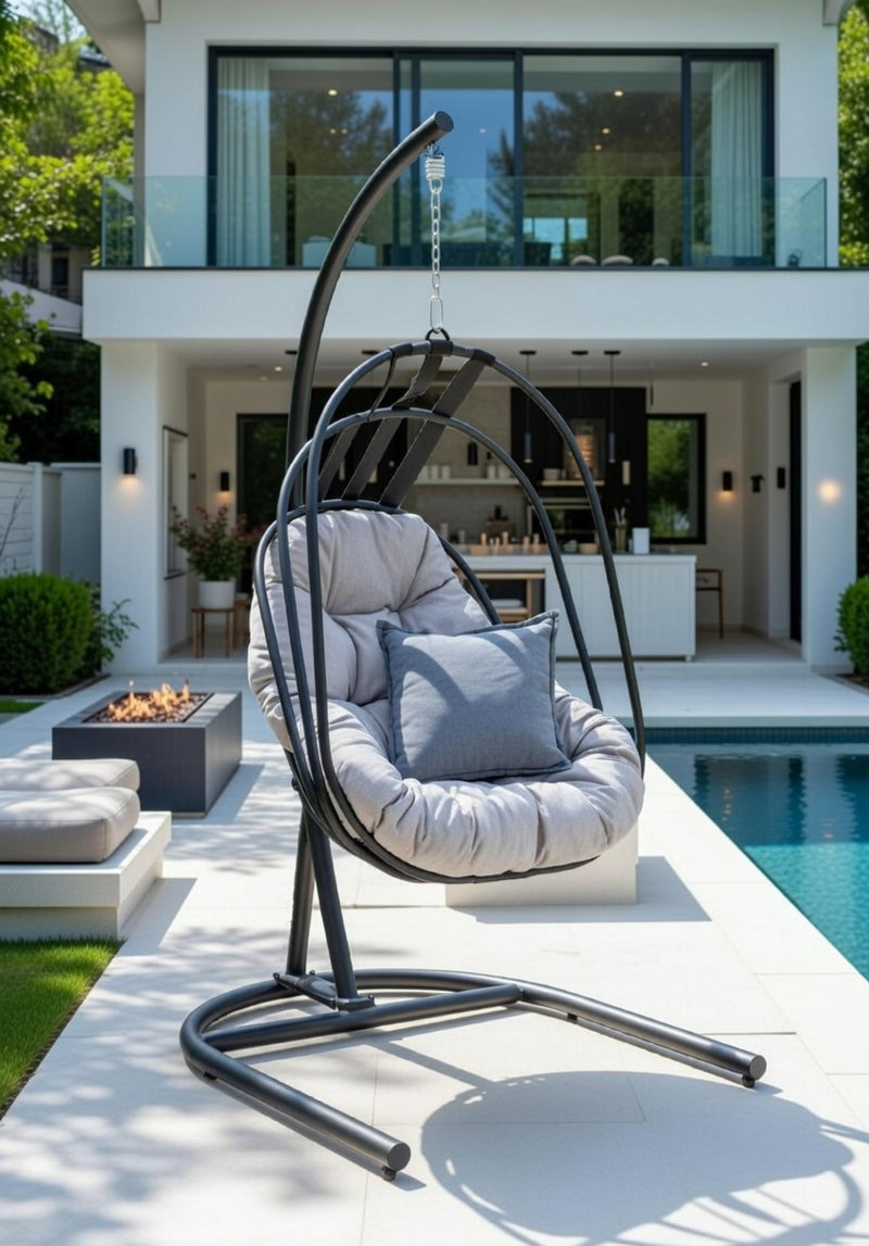 Folding Basket Swing w/ Black Steel Frame & Cushions - Grey