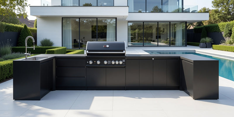 Whistler Fairford Black Outdoor Kitchen with Burford 5-Burner BBQ | Dimensions 1.5m x 4.8m x 1.6m