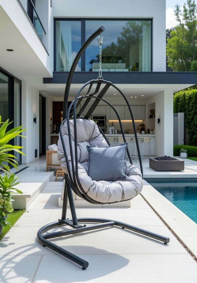 Folding Basket Swing w/ Black Steel Frame & Cushions - Grey