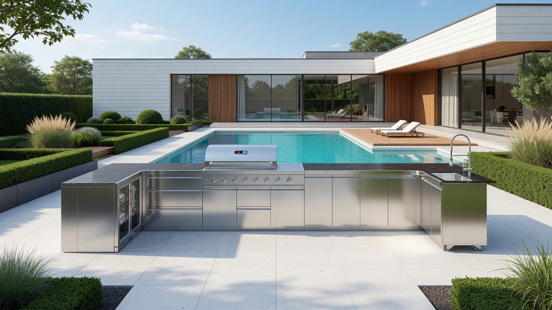 Whistler Grills Malmesbury 6-Burner Kitchen with Double Door Fridge, Sink and Corner Units - Stainless Steel 1.5m x 5m x 1.5m