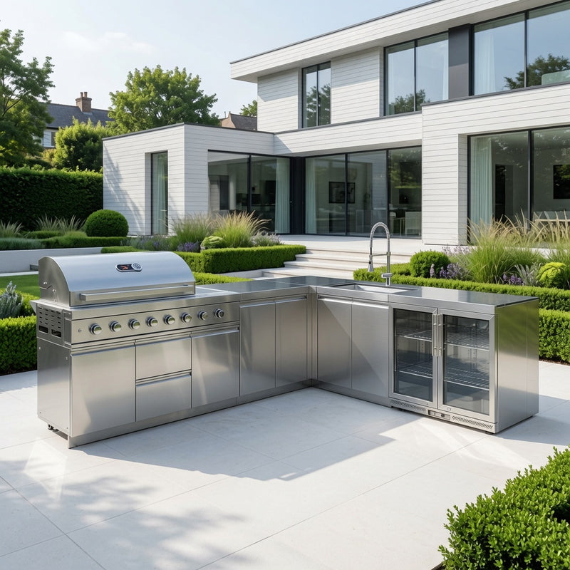 Whistler Grills Marlborough 6-Burner Kitchen with Double Door Fridge, Sink and Corner Unit - Stainless Steel 2.9 x 2.3Meters