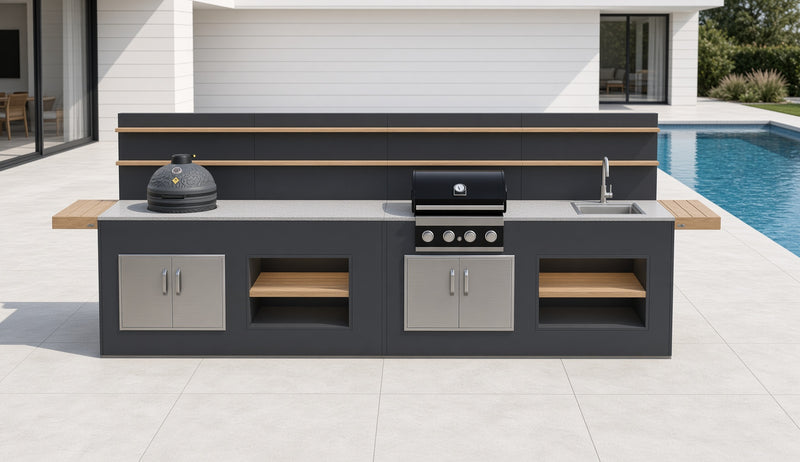 Grillandia Outdoor Kitchen Grandhall 4 Burner, Kamado, and Sink | 4.5M