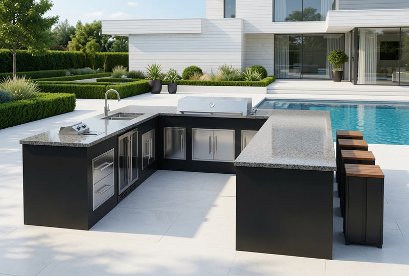 Grillandia Outdoor kitchen U shape, Paired with Beefeater proline 6 burner and Built-in deep fryer | 4m x 3.8m X 4m