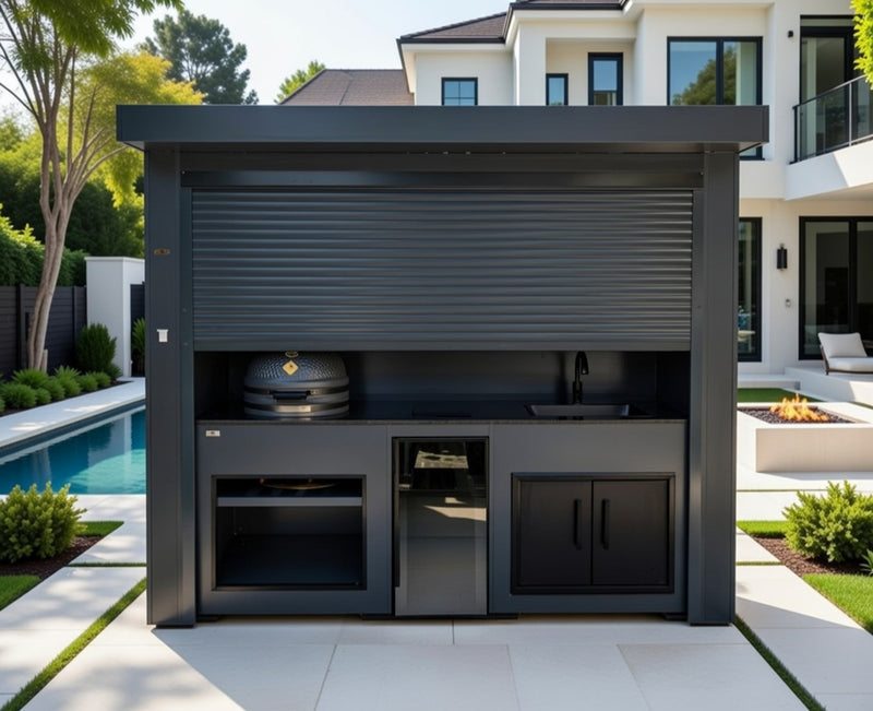 Grillandia Outdoor Kitchen Roll Cabana Kamado BBQ, Fridge, and Sink  | 2.9M