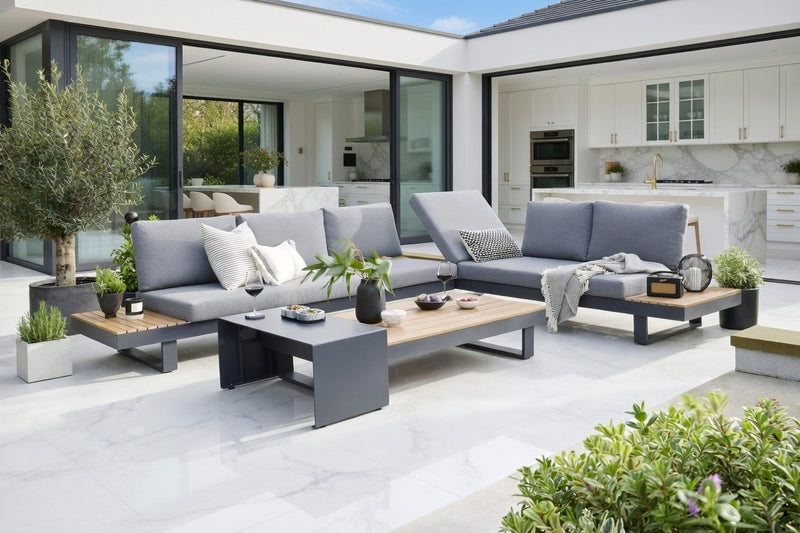 Easton Large Corner Set With Sun Recliner -Anthracite Aluminium Frame with Poly Wood Table Top and Sides – Grey Cushions