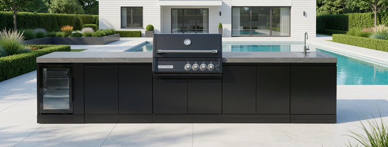 GrandPro Outdoor Kitchen with Black CrossRay 4 Burner BBQ, Fridge and Sink - 3860mm