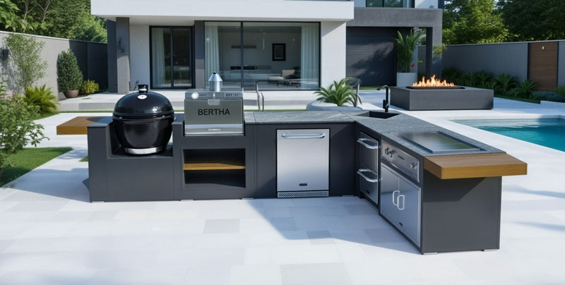 Grillandia Outdoor Kitchen L-Shape Drop-In Electric Plancha, Sink, Berta Multi Oven, Fridge, Double Drawer Fridge, and Primo XL
