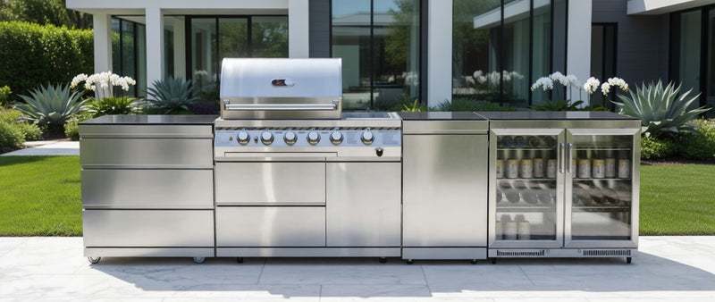 Whistler Outdoor Kitchen 4 Burner BBQ, Triple Drawer, Fridge and Gas Bottle Cabinet | 3.7M
