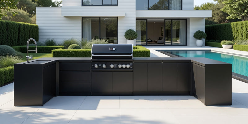 Whistler Fairford Black Outdoor Kitchen with Burford 5-Burner BBQ | Dimensions 1.5m x 4.8m x 1.6m