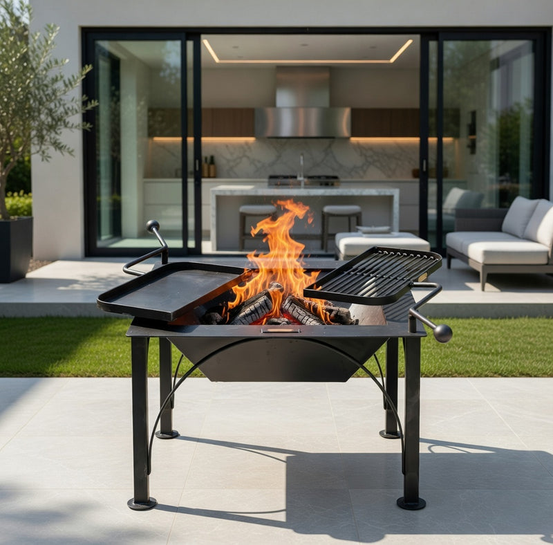 Box D Fire Pit with Two Swing Arm BBQ Racks