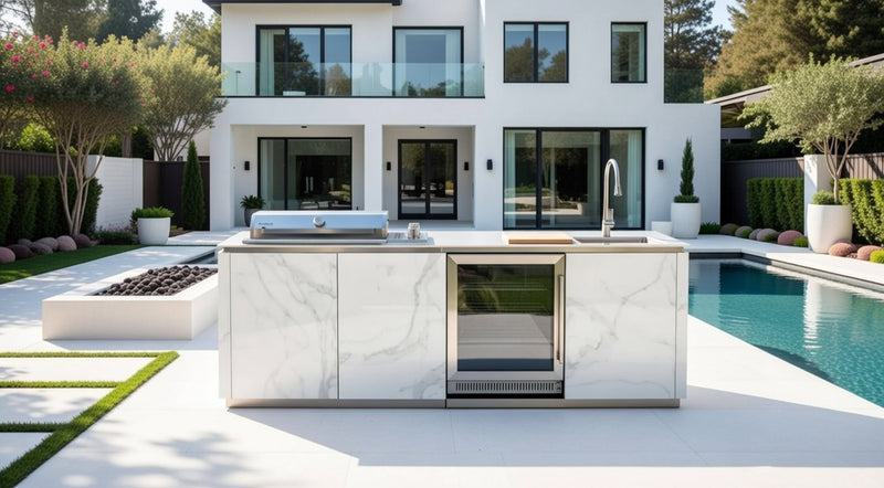 Buschbeck Derby Outdoor Kitchen – White Marbled Ceramic Finish 2.6M Plus Weather Protection Cover