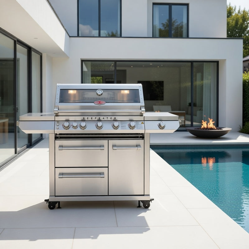 BeefEater 7000 Series Premium 5 Burner Gas BBQ with Cabinet Trolley and Side Burner