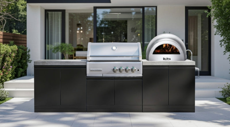 GrandPro Outdoor Kitchen with CrossRay 4-Burner BBQ, and Delivita Pizza Oven - 2.8m