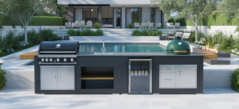 Grillandia Outdoor Kitchen GrandPro 5 burner, Large Green Egg, Sink, and Fridge | 4.4M