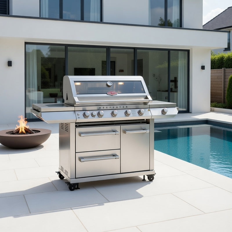 BeefEater 7000 Series Premium 5 Burner Gas BBQ with Cabinet Trolley and Side Burner