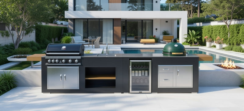 Grillandia Outdoor Kitchen GrandPro 5 burner, Large Green Egg, Sink, and Fridge | 4.4M