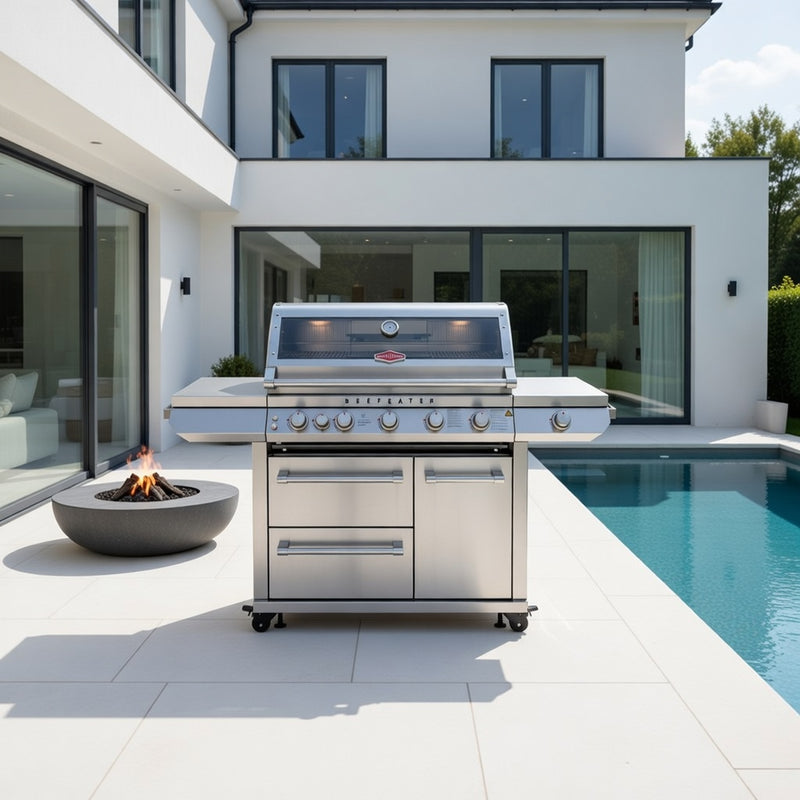 BeefEater 7000 Series Premium 5 Burner Gas BBQ with Cabinet Trolley and Side Burner
