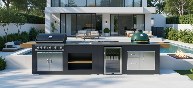 Grillandia Outdoor Kitchen GrandPro 5 burner, Large Green Egg, Sink, and Fridge | 4.4M