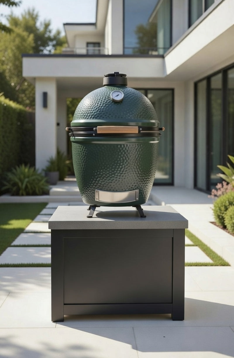 Grandpro by Stoll Aluminum Outdoor Kitchen Paired with Large Green Egg and Graphite Base