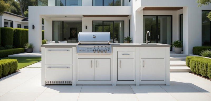 Grandpro by Stoll Aluminum Outdoor Kitchen Crossray Green Egg, Sink, and Double Drawer Fridge