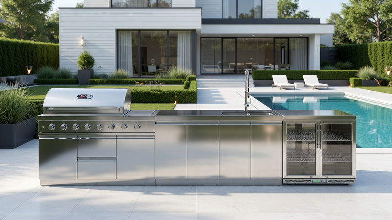 Whistler Grills Oaksey 6-Burner Kitchen with Double Door Fridge, Sink and Gas Bottle Cabinet - Stainless Steel 4.2Meters