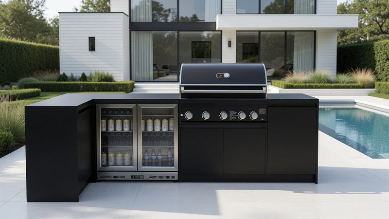 Whistler Fairford L-Shaped Black Outdoor Kitchen with Burford 5-Burner BBQ | Dimensions 3.1m x 1.1m