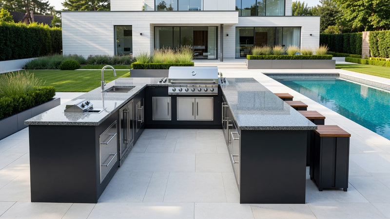 Grillandia Outdoor kitchen U shape, Paired with Beefeater proline 6 burner and Built-in deep fryer | 4m x 3.8m X 4m