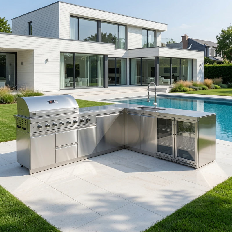 Whistler Grills Marlborough 6-Burner Kitchen with Double Door Fridge, Sink and Corner Unit - Stainless Steel 2.9 x 2.3Meters
