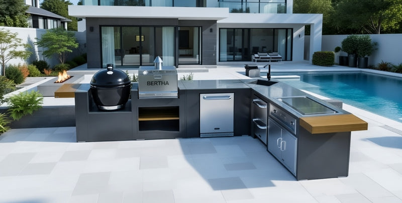 Grillandia Outdoor Kitchen L-Shape Drop-In Electric Plancha, Sink, Berta Multi Oven, Fridge, Double Drawer Fridge, and Primo XL