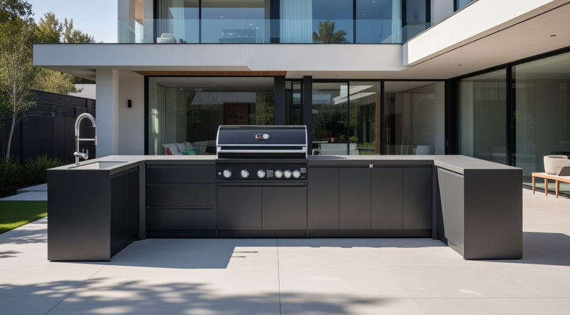 Whistler Fairford Black Outdoor Kitchen with Burford 5-Burner BBQ | Dimensions 1.5m x 4.8m x 1.6m