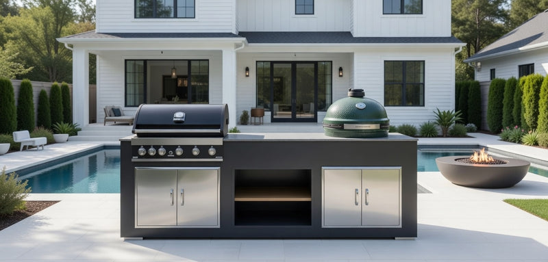 Grillandia Outdoor Kitchen Paired with Grandpro 5 Burner Gas BBQ, and XL Green Egg | 3.2M