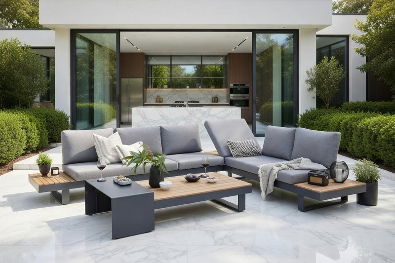 Easton Large Corner Set With Sun Recliner -Anthracite Aluminium Frame with Poly Wood Table Top and Sides – Grey Cushions