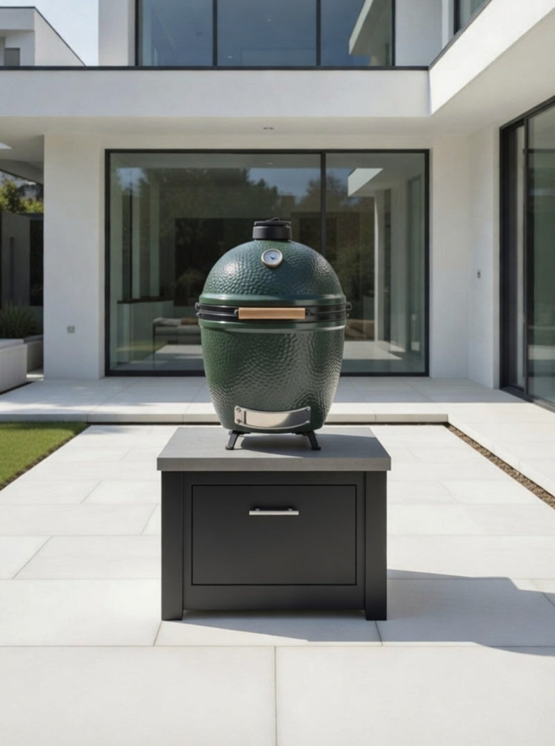 Grandpro by Stoll Aluminum Outdoor Kitchen Paired with Large Green Egg and Graphite Base