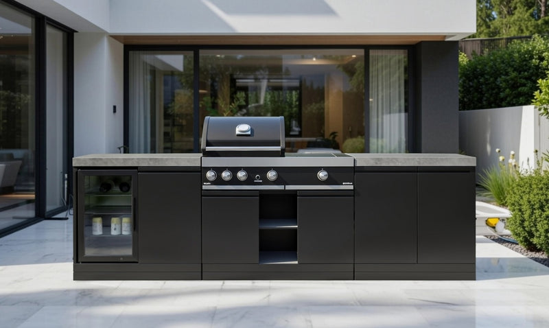 GrandPro Outdoor Kitchen with 3 Burner BBQ, Side Burner, and Fridge - 2.9m