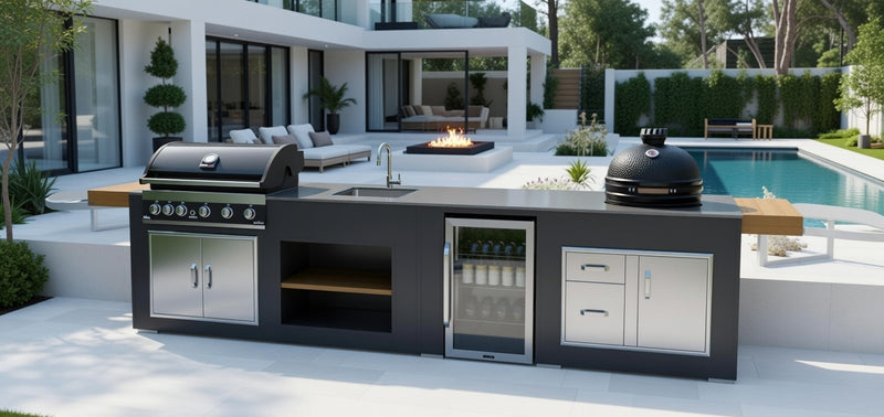 Grillandia Outdoor kitchen Grandhall 5 Burner, Large Bastard, Sink, and Fridge | 4.4M