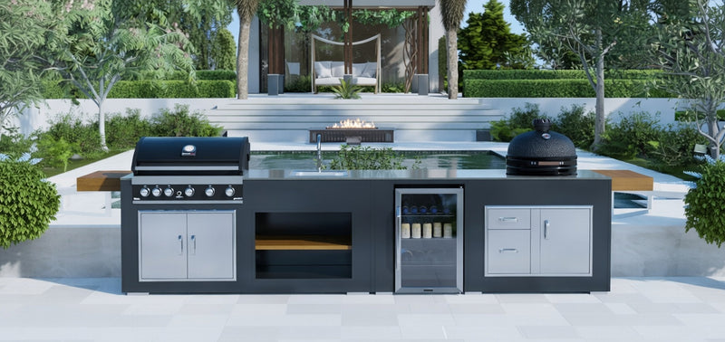 Grillandia Outdoor kitchen Grandhall 5 Burner, Large Bastard, Sink, and Fridge | 4.4M