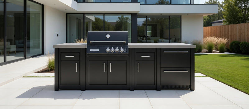 Grandpro by Stoll Aluminum Outdoor Kitchen Graphite, Black Crossray, and Double Drawer Fridge | 3M