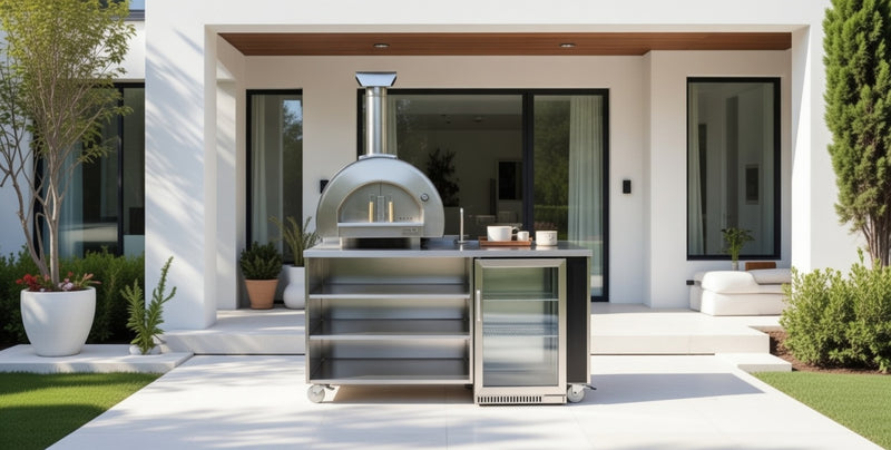 Outdoor Kitchen Piccolo Pizza Oven Open Shelve and Fridge
