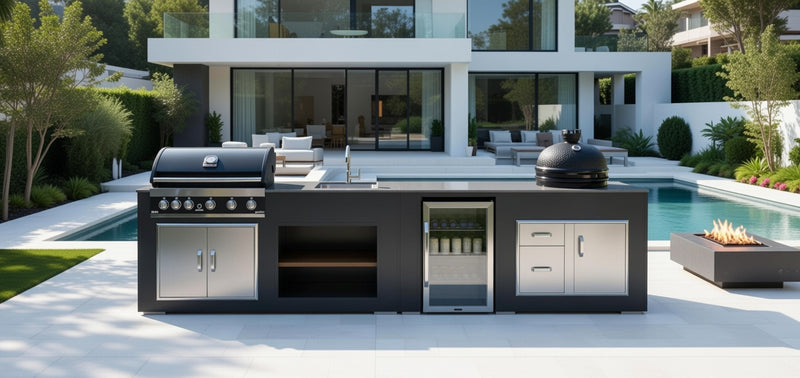 Grillandia Outdoor kitchen Grandhall 5 Burner, Large Bastard, Sink, and Fridge | 4.4M