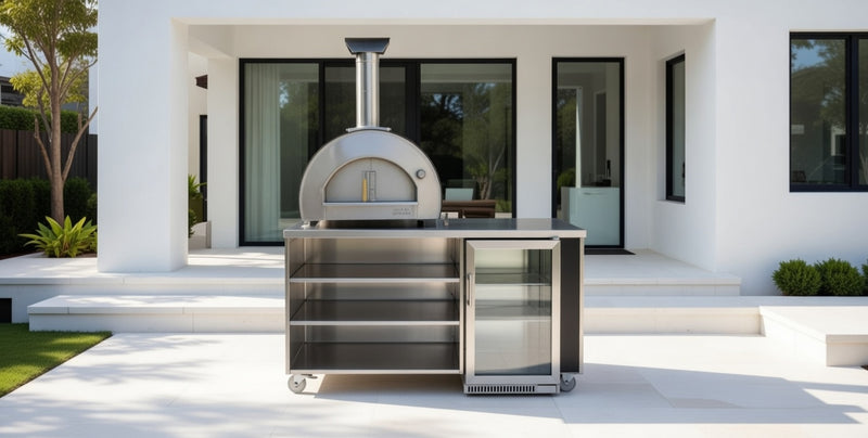 Outdoor Kitchen Piccolo Pizza Oven Open Shelve and Fridge