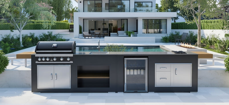 Grillandia Outdoor Kitchen Grandhall 5 Burner, Fridge, Sink and Weather Cover - 4.4M