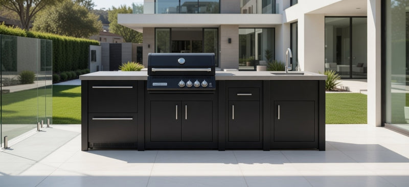 Grandpro by Stoll Aluminum Outdoor Kitchen Graphite, Black Crossray Sink, and Double Drawer Fridge | 3M
