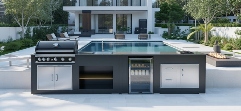 Grillandia Outdoor Kitchen Grandhall 5 Burner, Fridge, Sink and Weather Cover - 4.4M