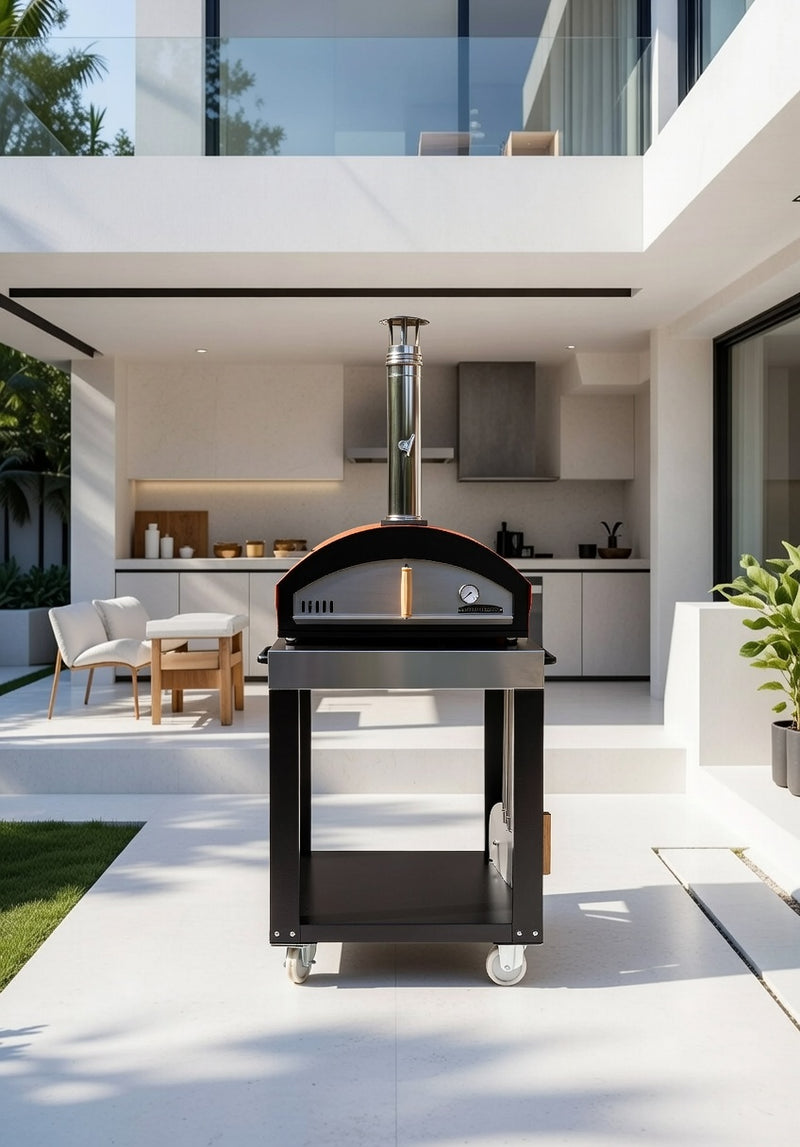 Rossofuoco MINO Outdoor wood-fired oven 70 x 48 cm with direct combustion - Orange Plus cart and accessories